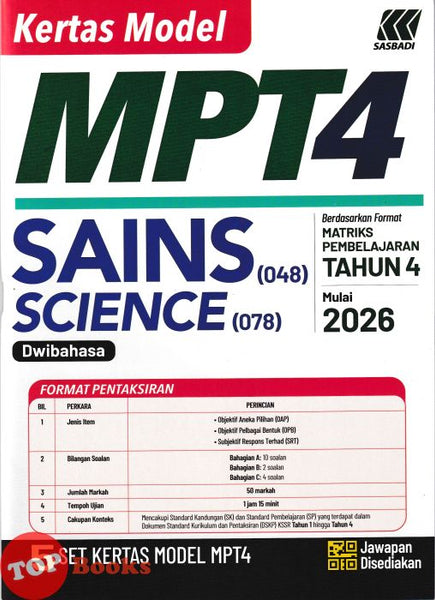 [TOPBOOKS Sasbadi] Kertas Model MPT4 Sains Tahun 4 KSSR Semakan Dwibahasa (2026)