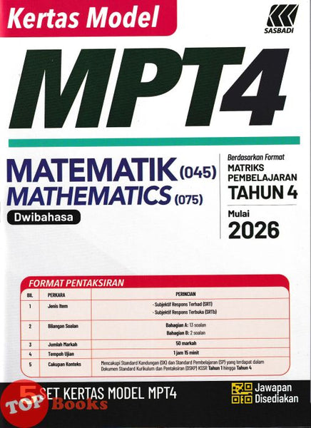 [TOPBOOKS Sasbadi] Kertas Model MPT4 Matematik Tahun 4 KSSR Semakan Dwibahasa (2026)